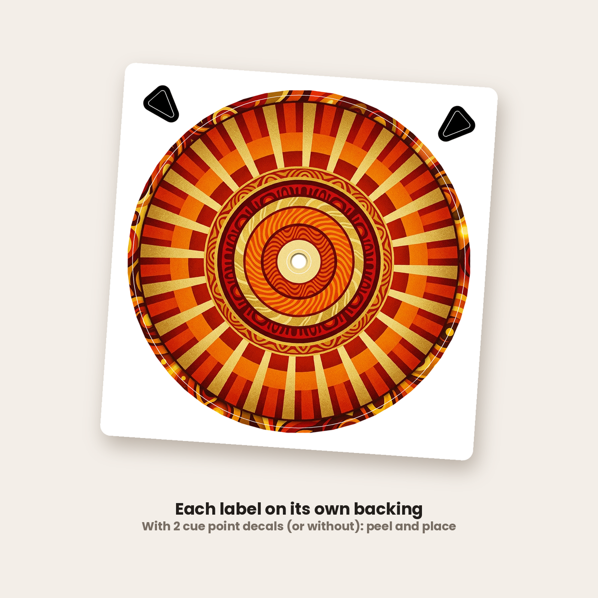 A custom record label as it ships: cut round on its backing, the centre hole cut out, with 2 cue point decals