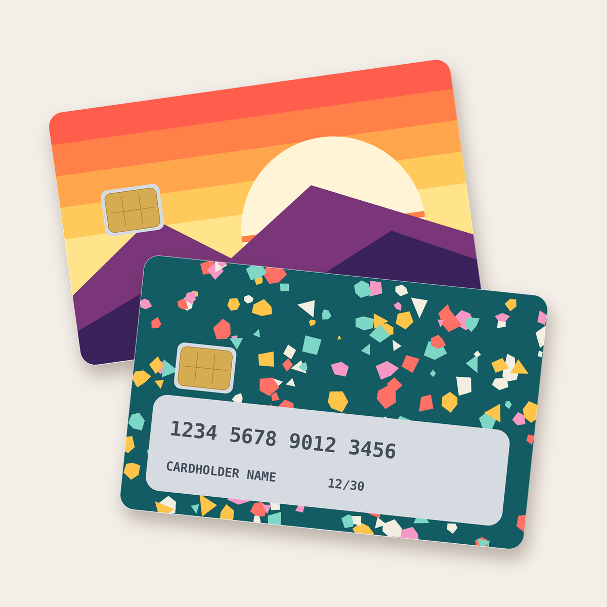 Custom debit / credit card stickers on two bank cards, the chip and card number showing through