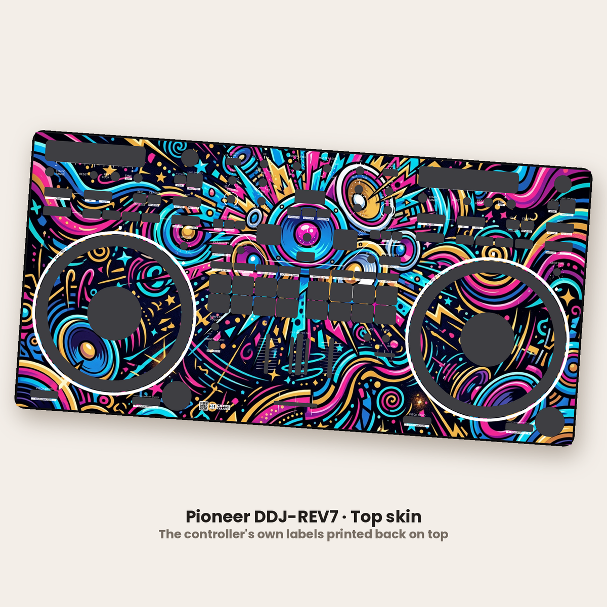A Pioneer DDJ-REV7 wearing a custom top skin, the controller's own labels printed back on top in white