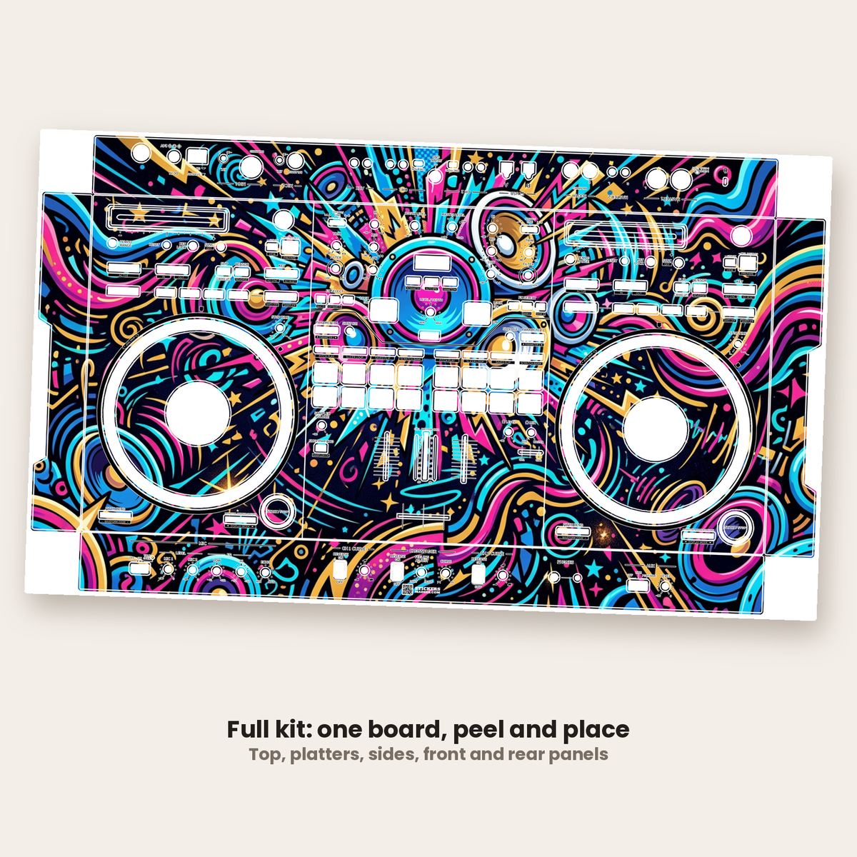 A full DDJ-REV7 skin kit as it ships: top, platters, sides, front and rear panels on one board
