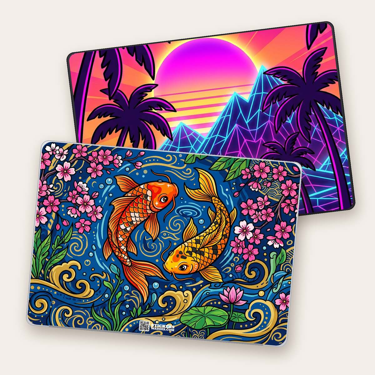 Two MacBooks wearing custom skins, a koi pond design and a synthwave sunset, each with the small Stickers Made EZ logo
