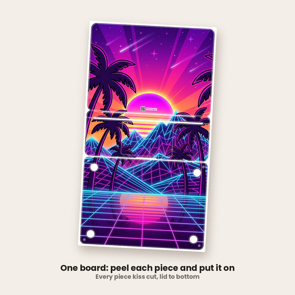 A full MacBook skin kit as it ships: lid, keyboard strip, palm rest and bottom on one board, ready to peel and place