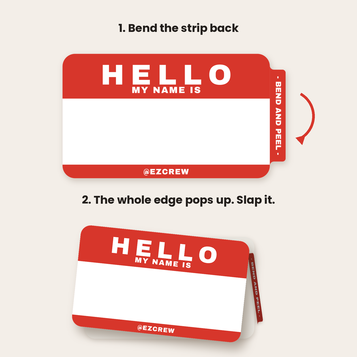 The bend and peel strip: bend the strip back and the whole edge of the label pops up, ready to slap