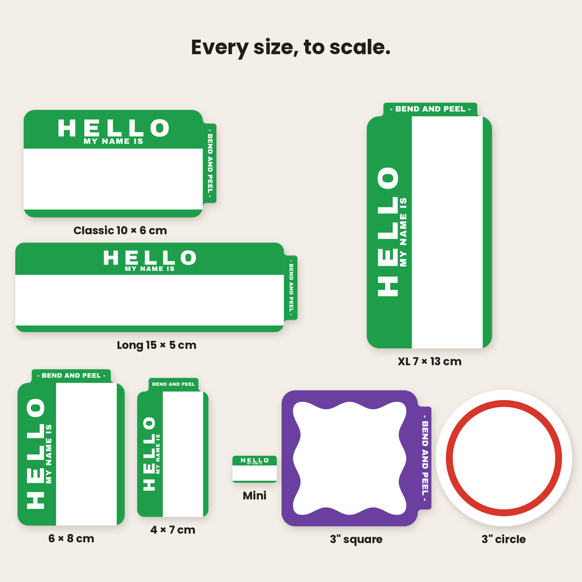 Every size to scale: classic 10 x 6 cm, long 15 x 5 cm, XL 7 x 13 cm, 6 x 8 cm, 4 x 7 cm, mini, 3 inch square and circle
