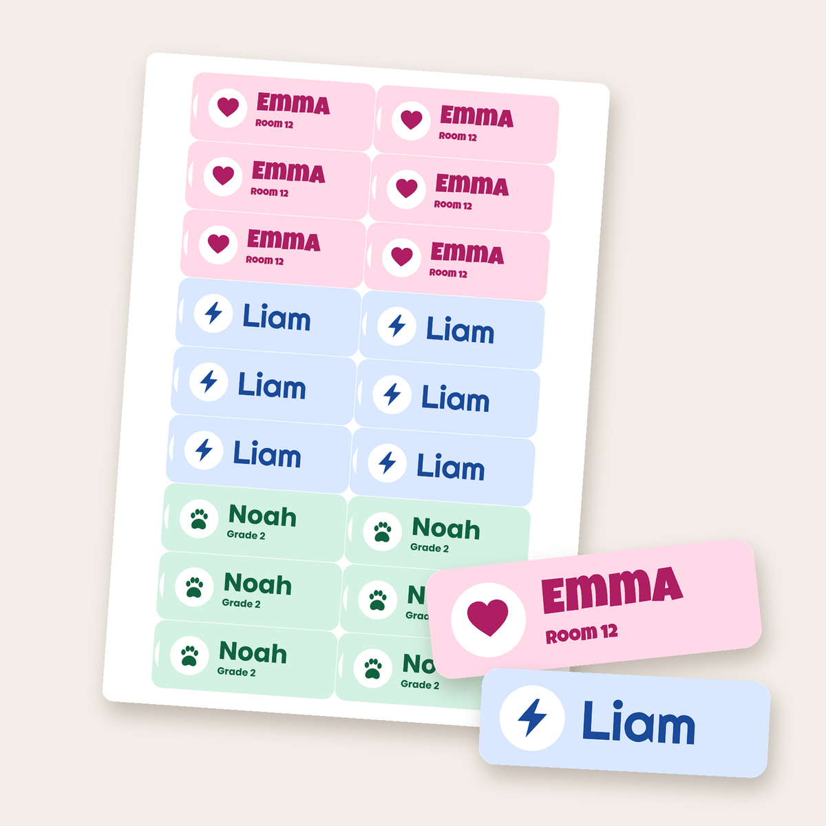 A 5 x 7 sheet of kids' name labels with three names, Emma, Liam and Noah, each with a picture