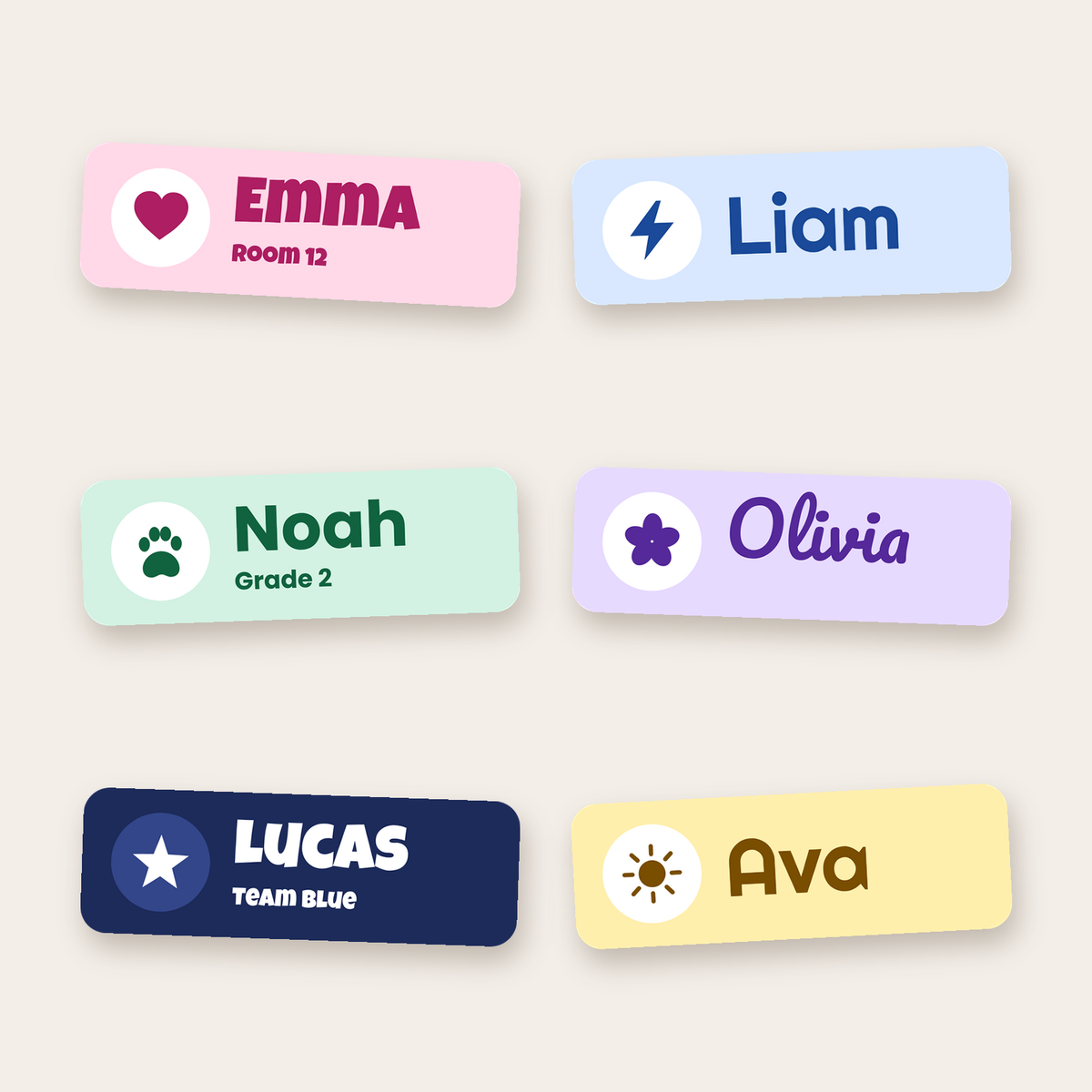 Six name labels in different colors, pictures and fonts