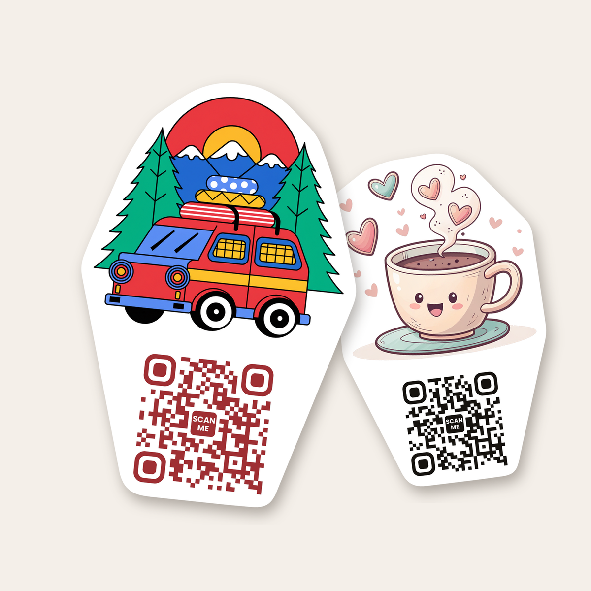 QR code stickers: your design and a scannable QR code on one solid sticker