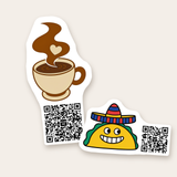 Two custom QR code stickers: a coffee logo with its QR code below and a taco logo with its QR code beside it