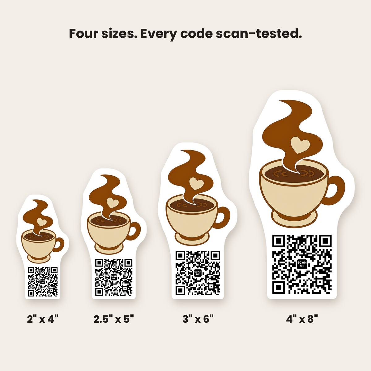 QR code sticker sizes to scale: 2 x 4, 2.5 x 5, 3 x 6 and 4 x 8 inches